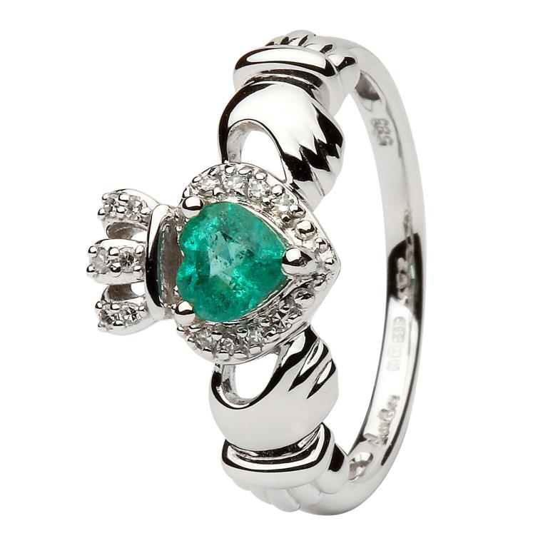 Ladies White Gold Claddagh Ring With Emerald And Diamond